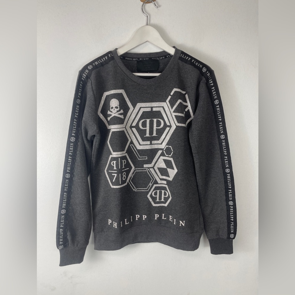 Philipp Plein Womens Sweater Small Skull Beaded Sweatshirt Pullover Gray N91